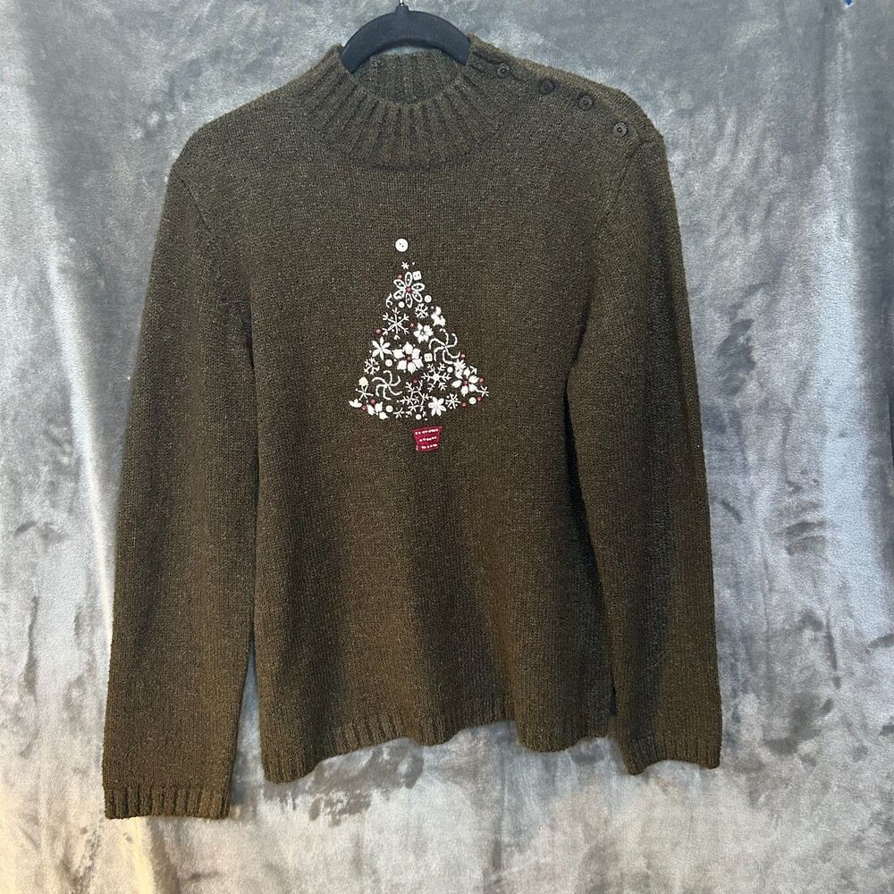 Christopher and Banks Sweater Winter Green Hand Embroidered Long Sleeve Size M